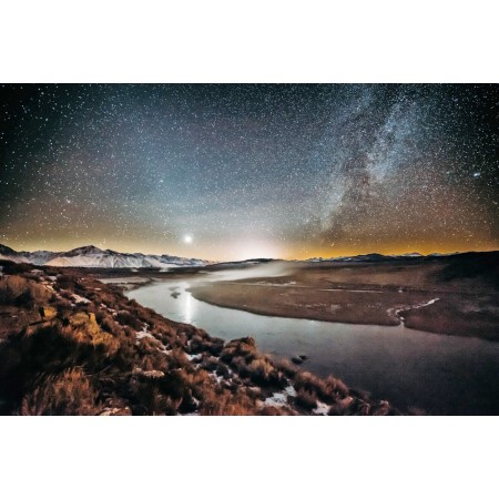 River Surrounded By Brown Grass Field Under Star Sky 24"x16" Photographic Print Poster