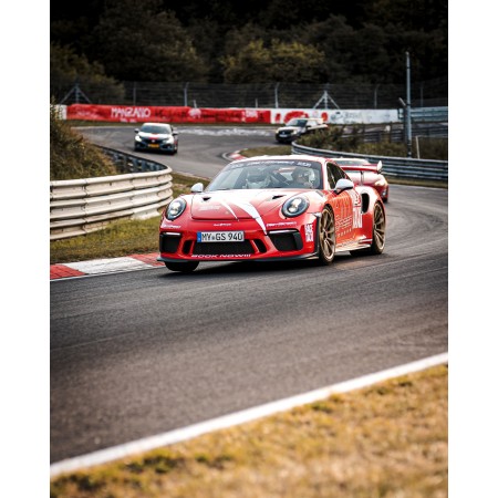 Red And White Coupe Racing on road 24"x30" Photographic Print Poster