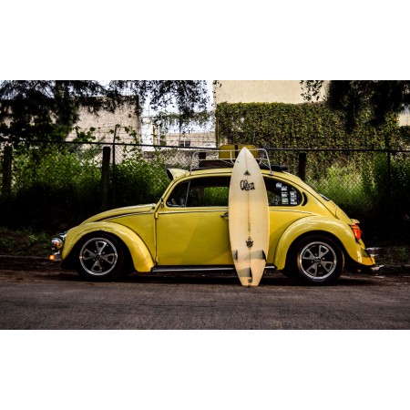 Surfboard Leaning On Yellow Car 24"x15" Photographic Print Poster