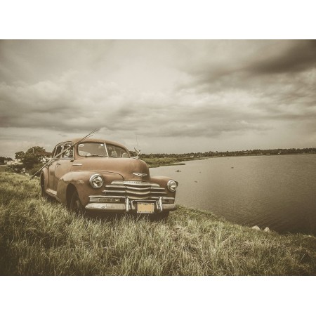 Brown Classic Car Near The Lake 24"x18" Photographic Print Poster