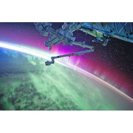 Photography Of Purple And Green Aurora Beam Below Grey Space Satellite 24"x16" Photographic Print Poster