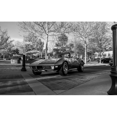 Grayscale Photo Of Classic Car On Road 24"x15" Photographic Print Poster