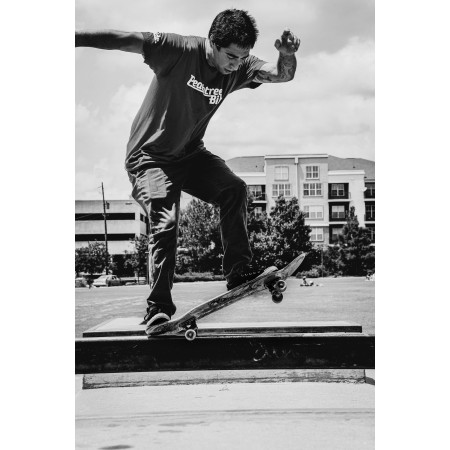 Man In Black And White Hoodie Playing Skateboard In Grayscale Photography 24"x36" Photographic Print Poster