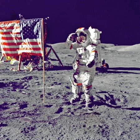 Astronaut Standing On Moon Beside U.S.A. Flag 24"x24" Photographic Print Poster