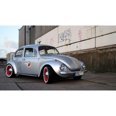 Silver Volkswagen Beetle Near White Brown Wall 24"x13" Photographic Print Poster