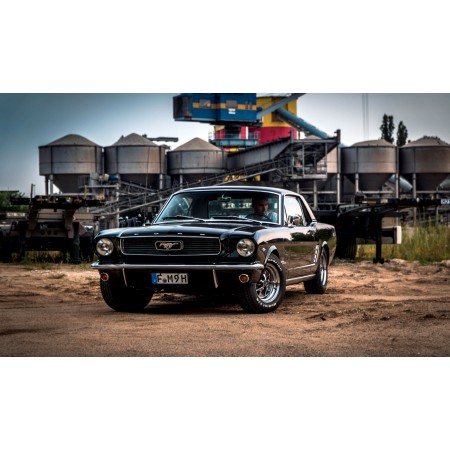 Black Ford Mustang Retro Near the old factory 24"x14" Photographic Print Poster