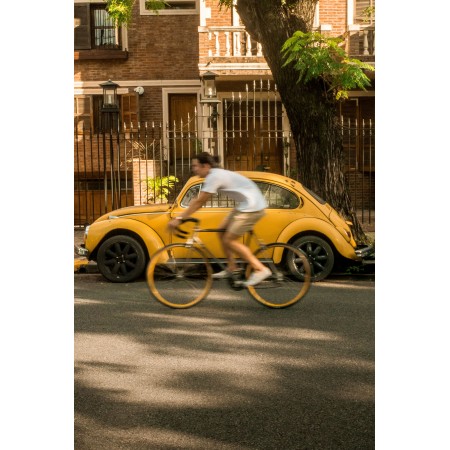 Man In White T-Shirt Riding Yellow Motorcycle 24"x36" Photographic Print Poster