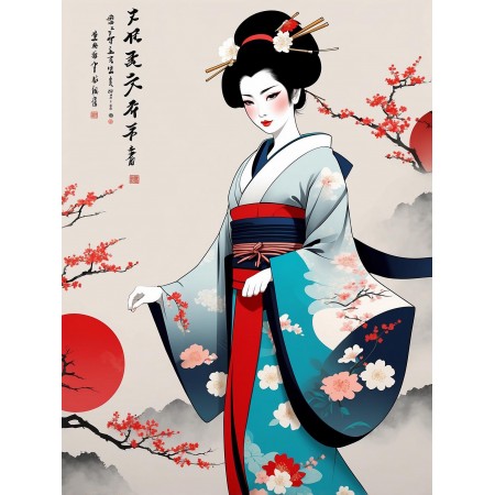 24x18in Poster Classical Japanese art culture with a captivating Geisha, sakura, obi, Kimono