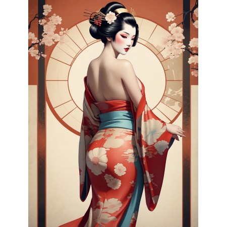 24x18in Poster Cultural Japanese Beauty Chesty Geisha, Sakura, obi, Kimono bare shoulders