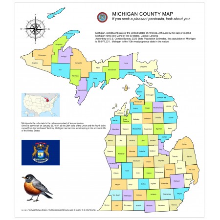 24"x27" Vibrant Michigan County Map Poster: A Colorful Guide to Michigan's Counties and State Symbols