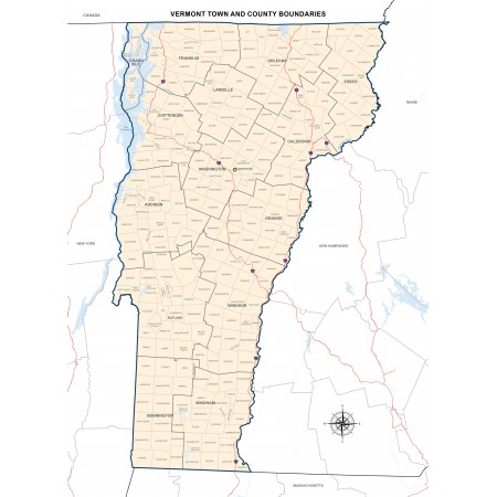 24x33in Poster Vermont County Map with Town and County Boundaries