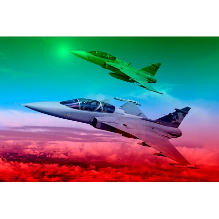 US General Dynamics Photographic Print Poster Military Art Posters. A pair of two F-16 Fighting Falcons flying over in military exercise. Art Print photo