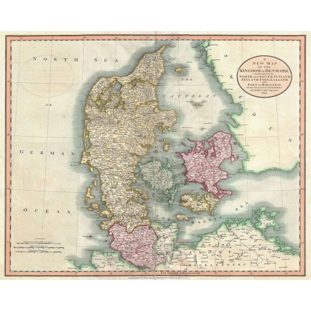 Denmark. Rare Vintage and Modern Maps 24"x30" Poster Detailed old map of Denmark with cities 1801