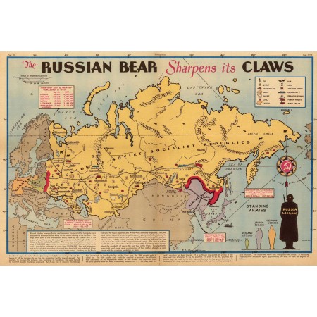 The Russian Bear   Poster Sharpens its Claws vintage map from New York Sunday News 1938