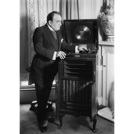 Enrico Caruso vintage photo posters from 1920s to present. with a Victrola brand phonograph 1910