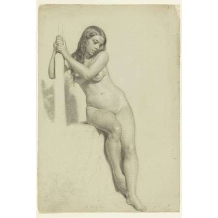 Daniel Huntington Art Print Poster European Art, Pencil Deawing, FEMALE NUDE PERCHED ON A STOOL, 1858