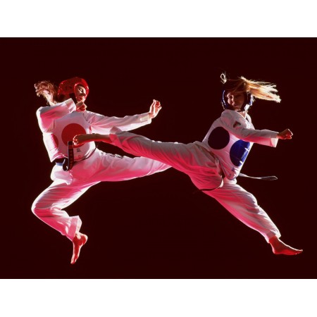 Jump kicking Photographic Print Poster two women in mid air 