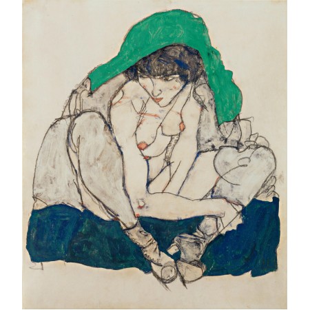 Egon Schiele  24"x20" Art Print Poster Egon Schiele - Crouching Woman with Green Kerchief, 1914 Pencil and gouache