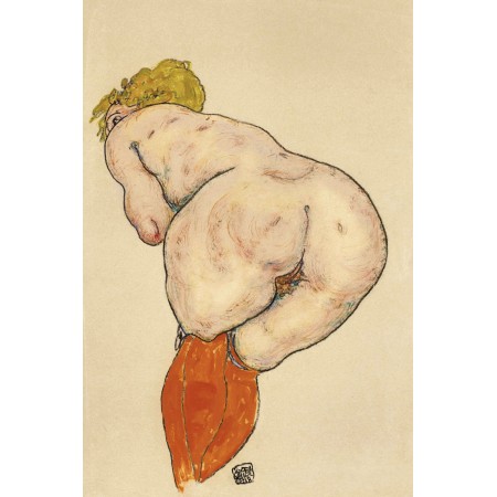 Egon Schiele - 24x16" Art Print Poster Ruckenakt mit orangefarbenen Strumpfen, orange stockings