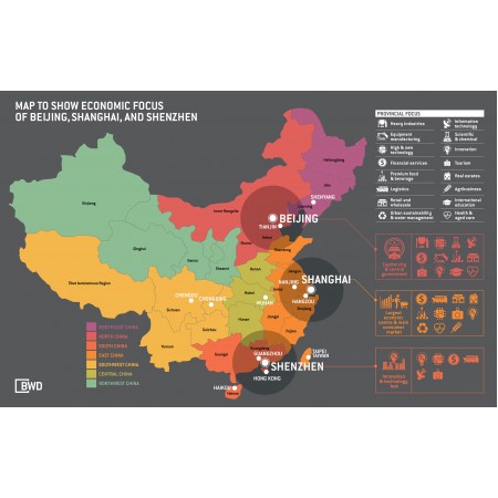 Economic map of China   Photo Print Poster World Maps with focus on Beiging, Shnghai and Shenzhen