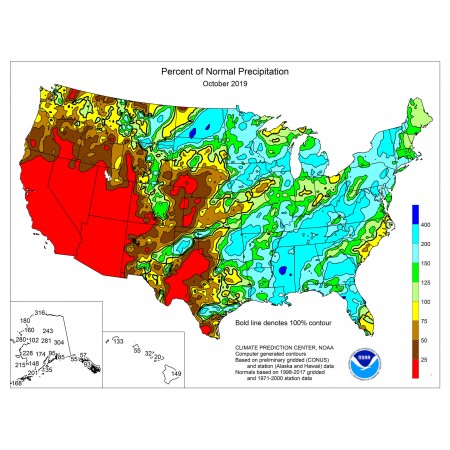 US percent of normal Precipitation 2019 Photographic Print Poster 22"x17" United States of America Maps 