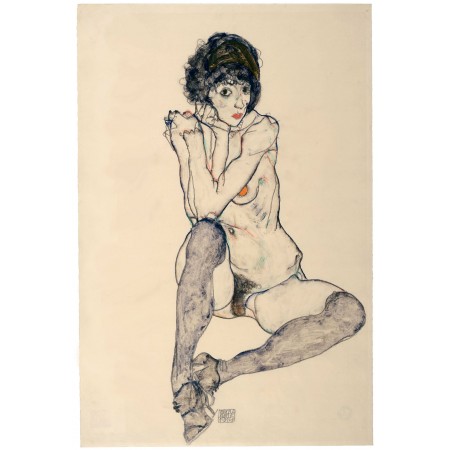 Egon Schiele -  Art Print Poster Seated Female Nude Elbows Resting on Right Knee 1914