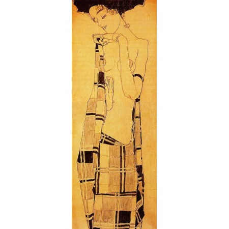 Egon Schiele - 14"x36" Art Print Poster Standing Girl In A Plaid Garment
