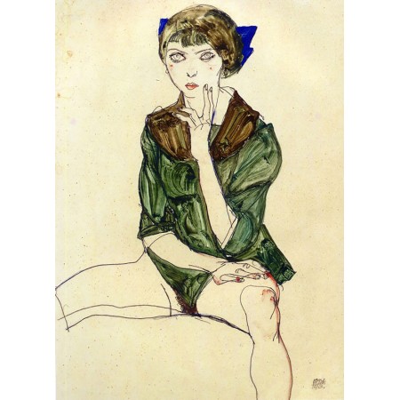 Egon Schiele - 17"x24" Art Print Poster, sitting woman in a green blouse 1913