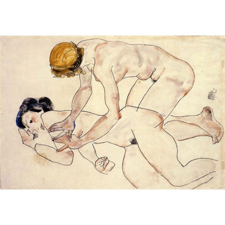 Egon Schiele - 24"x16" Art Print Poster Two female nudes one eclining one kneeling 1912