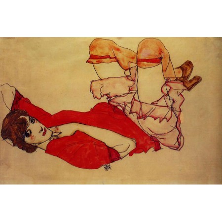 Egon Schiele - 24"x16" Art Print Poster Wally with a red blouse
