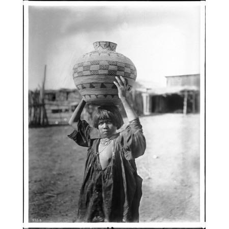 Native American Tribes, Photographic Print Poster Apache Indian girl carrying an olla on her head 1900