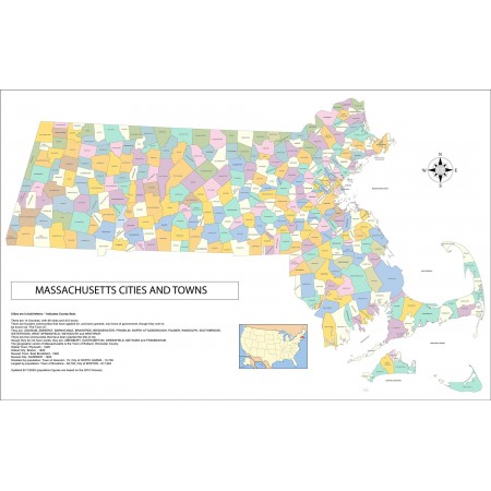 37x24in Poster Map of Massachusetts Cities, Towns and County Seats