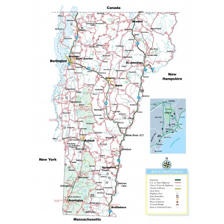 24x33in Poster Large Detailed Tourist Map of Vermont with cities and towns