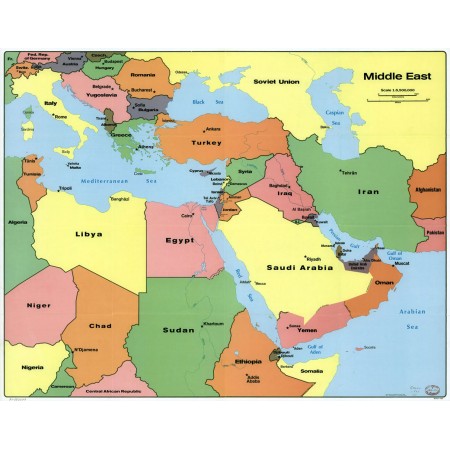 Middle East large scale Photographic Print Poster 31"x24" political map with capitals 1990