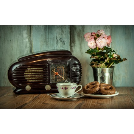 36"x24" Photographic Print Poster Retro Radio Old Cup Historical Still Life Flower