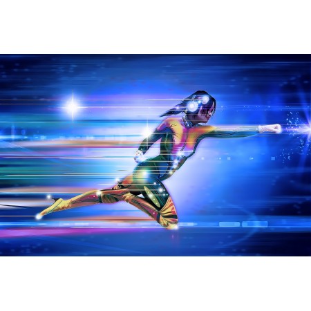 36x24 in Photographic Print Poster Superhero Girl Speed Runner Running Lights Space