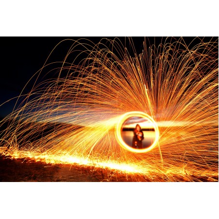 36x24 in Photographic Print Poster Steel wool Spinning Fire Steel Wool Sparks Night
