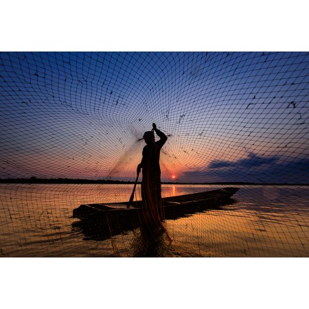 35x24in Poster Man Fishing Net Lake Sunset Silhouette
