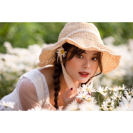 35x24in Poster Asian Young Woman Model Flowers Chrysanthemums