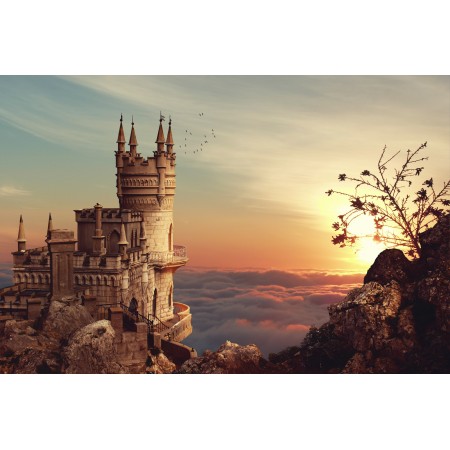 36x24in Poster Castle Towers Sunset Clouds Mountains Fantasy Sky