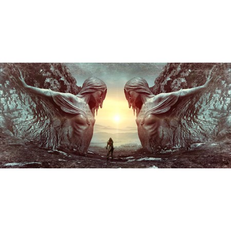 52x24in Poster Fantasy Portal Man Statue Rock Stone Landscape