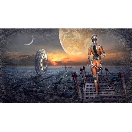24x13in Poster Fantasy Moon Atmospheric Nude Woman Robot