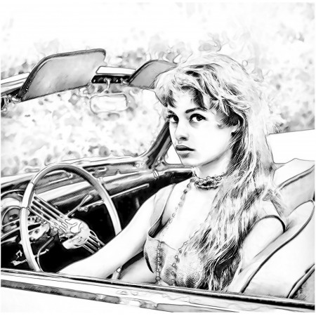 24x24in Poster Brigitte Bardot in the car, circa 1960 Pencil drawing