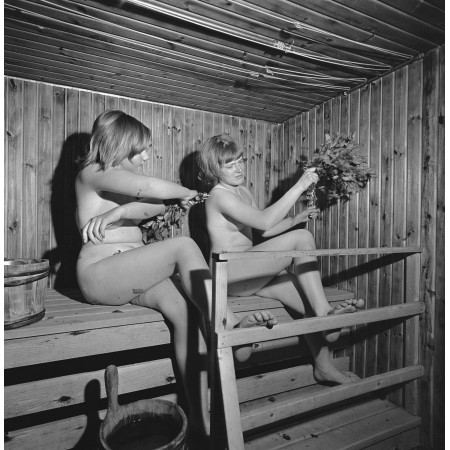 24x24in Photographic Print Poster Two naked women in the sauna. Beat with birch branches