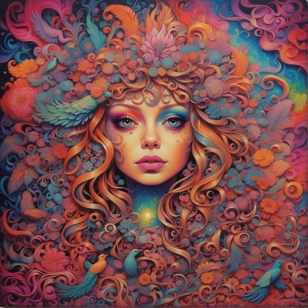 24x24in Poster Stunning & Vibrant Modern Trippy Stoner Psychedelic Colors, girl, lips, hair