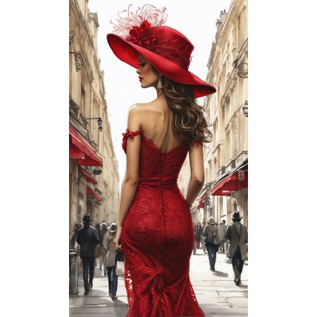 13x24in Poster A stunning haute chapeau rouge perched atop a young delicate woman's head as she strolls through the streets of Paris