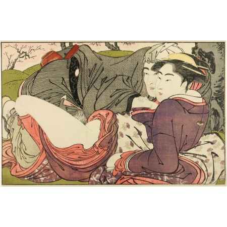 24x15in Poster Kitagawa Utamaro Lovers beneath blossoming cherry tree
