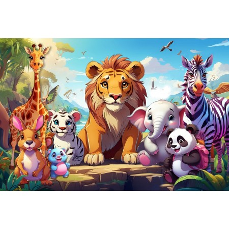 24x36in Poster Educational for children features a variety of animals like a Lion, Elephant, Giraffe, and others, each uniquely depicted in a colorful, cartoonish style