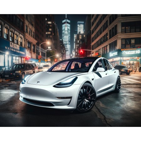 30x24in Poster A front side view of a white Tesla Model 3 with parked on a street in New York at night