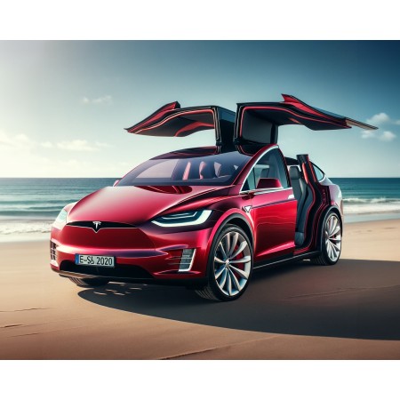 30x24in Poster A front side view of a red Tesla Model X parked on a beach with its rear door open